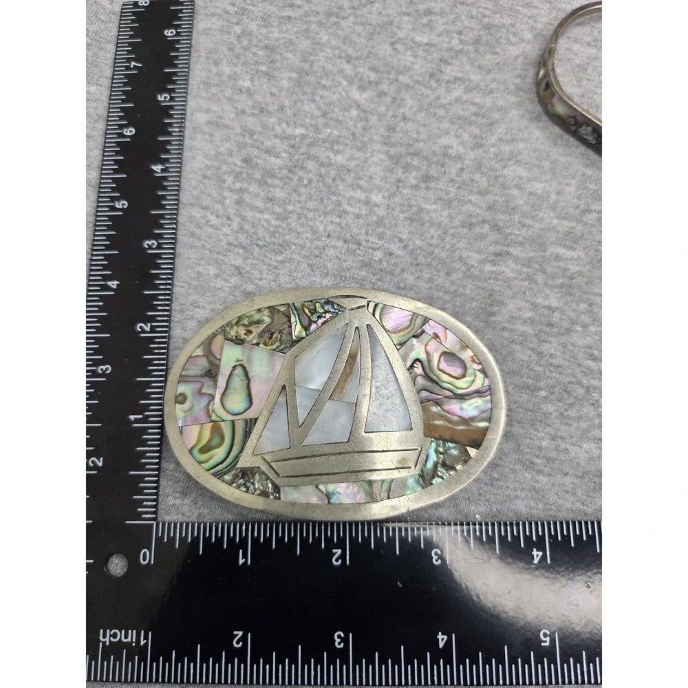 Vintage Large Alpaca Silver Belt Buckle Matching Bracelet Set Abalone Inlay
